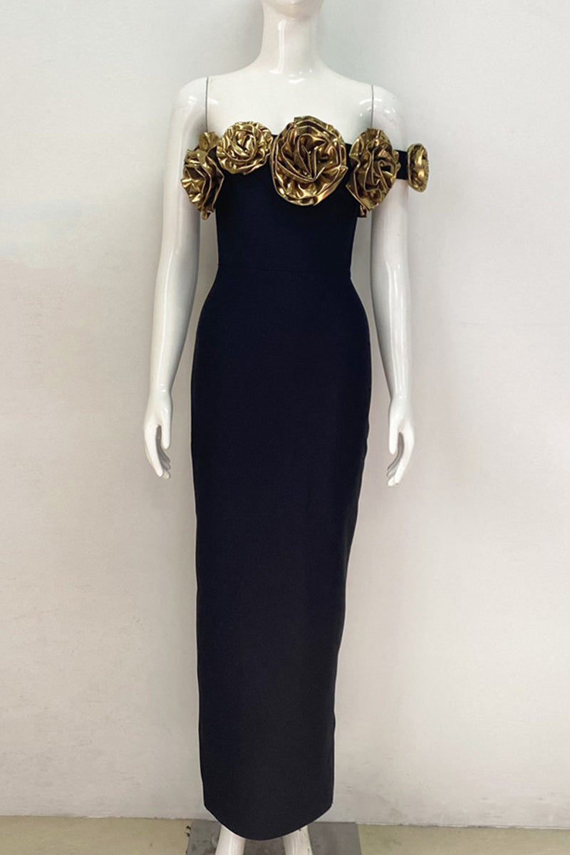 Slit Flower Shape Oblique Collar Long Dresses