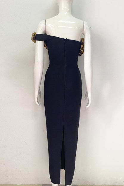 Slit Flower Shape Oblique Collar Long Dresses