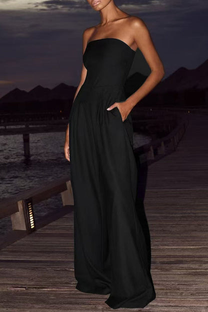 Pocket Patchwork Backless Strapless Loose Jumpsuits(3 Colors)