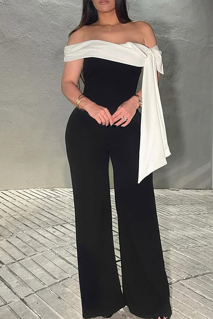Bow Patchwork Backless Off Shoulder Jumpsuits