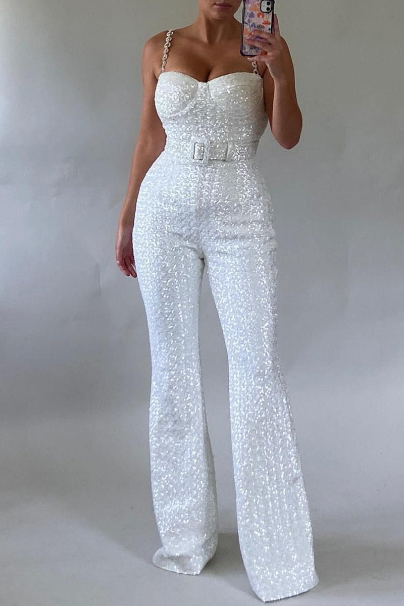 Sequins With Belt Spaghetti Strap Jumpsuits