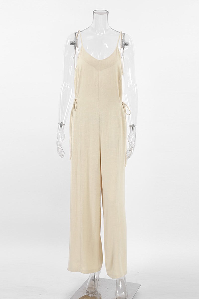 Draw String V Neck Loose Jumpsuits