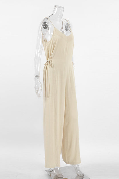 Draw String V Neck Loose Jumpsuits
