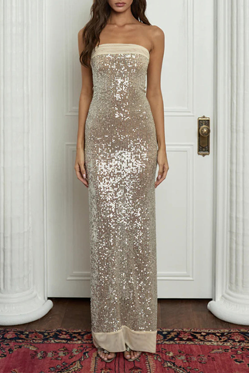 Sequins Slit Sequined Strapless Long Dresses(3 Colors)