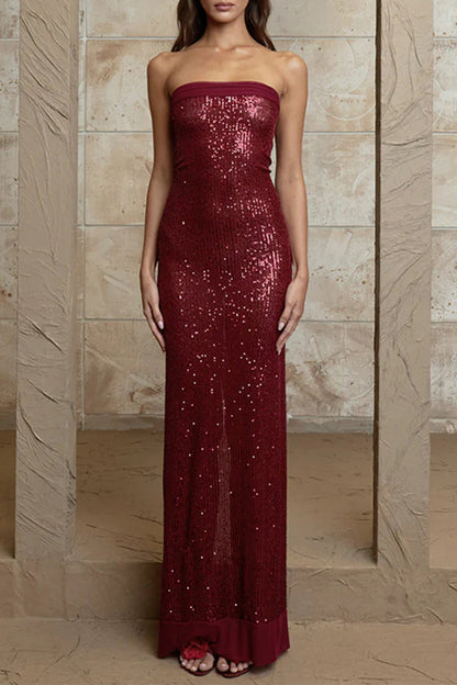 Sequins Slit Sequined Strapless Long Dresses(3 Colors)