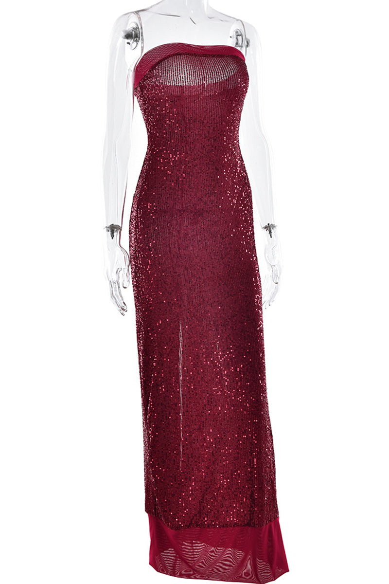 Sequins Slit Sequined Strapless Long Dresses(3 Colors)