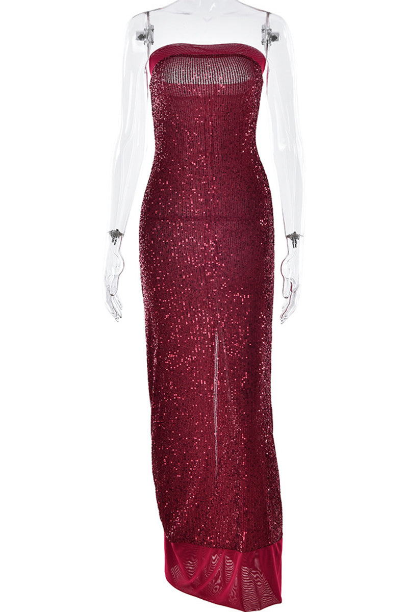 Sequins Slit Sequined Strapless Long Dresses(3 Colors)