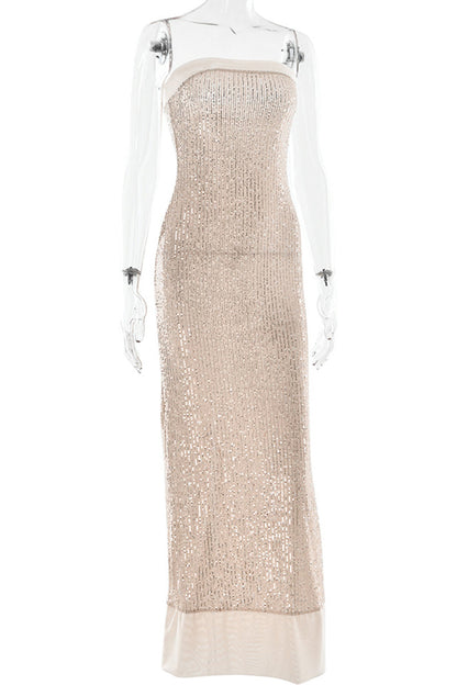 Sequins Slit Sequined Strapless Long Dresses(3 Colors)