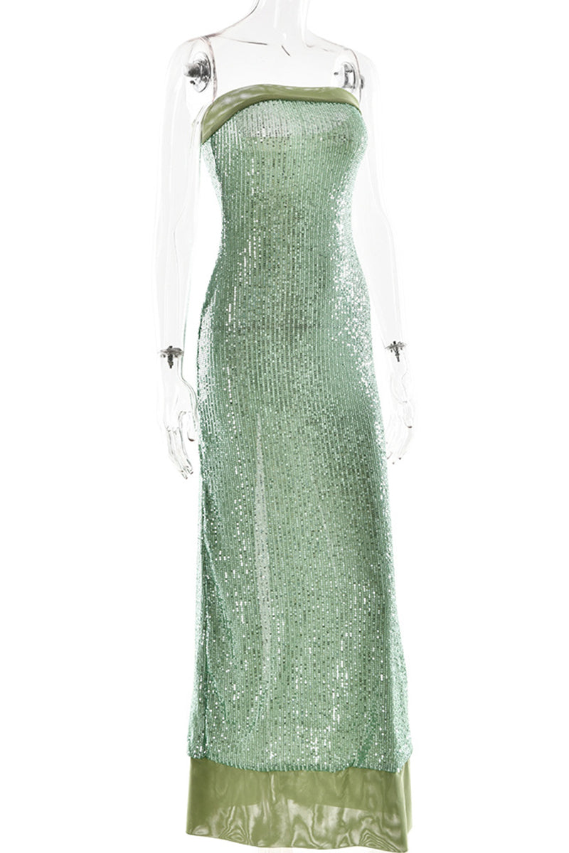 Sequins Slit Sequined Strapless Long Dresses(3 Colors)