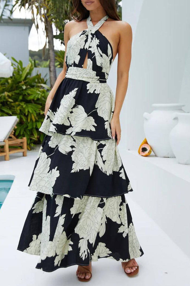 Print Lace Up Backless Flounce Halter Cake Skirt Dresses