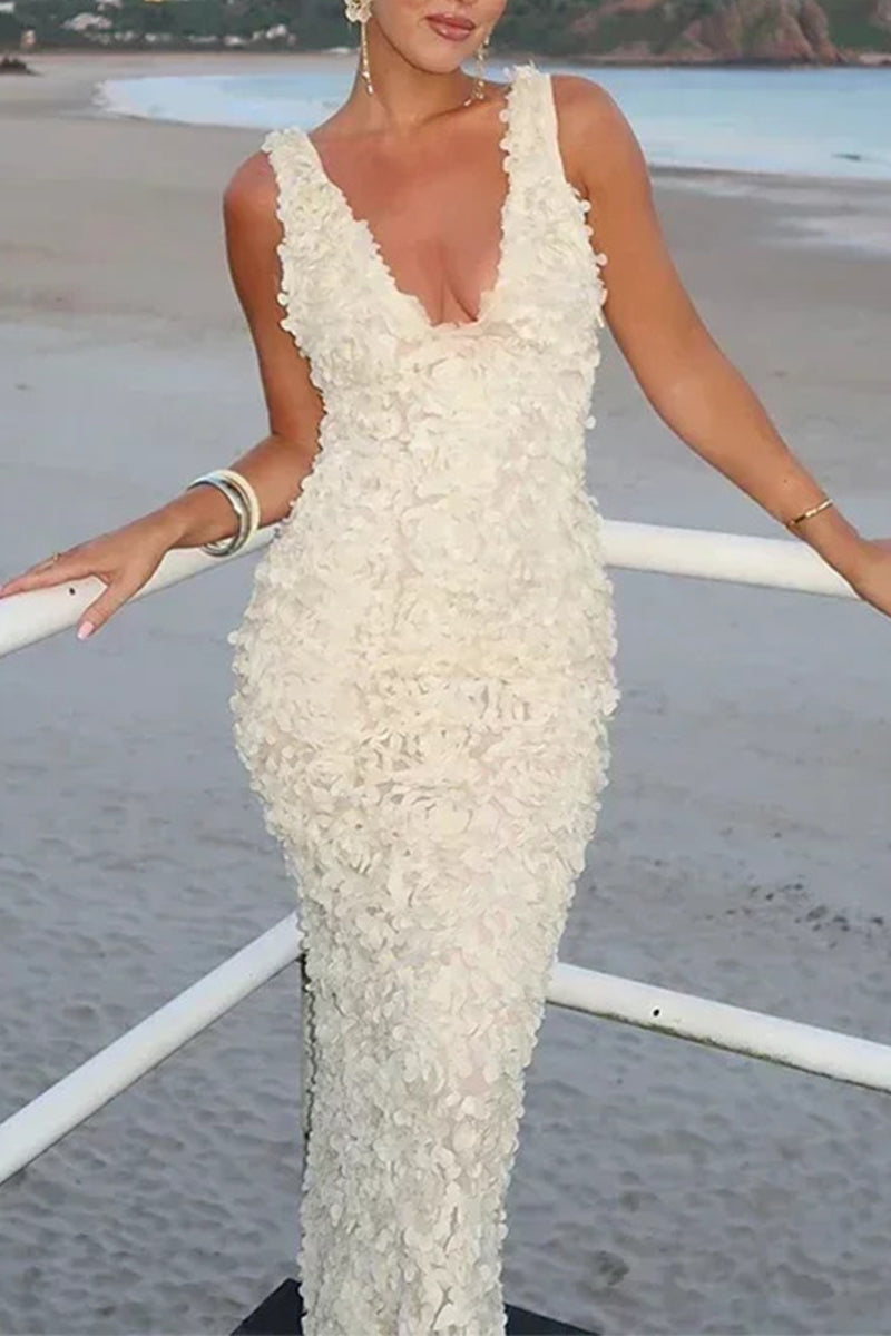 Flower Shape V Neck One Step Skirt Dresses