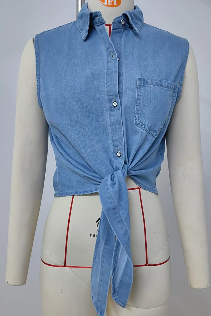 Lace Up Buttons Turndown Collar Blouses