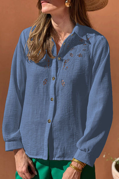 Hollow Out Turndown Collar Blouses(4 Colors)