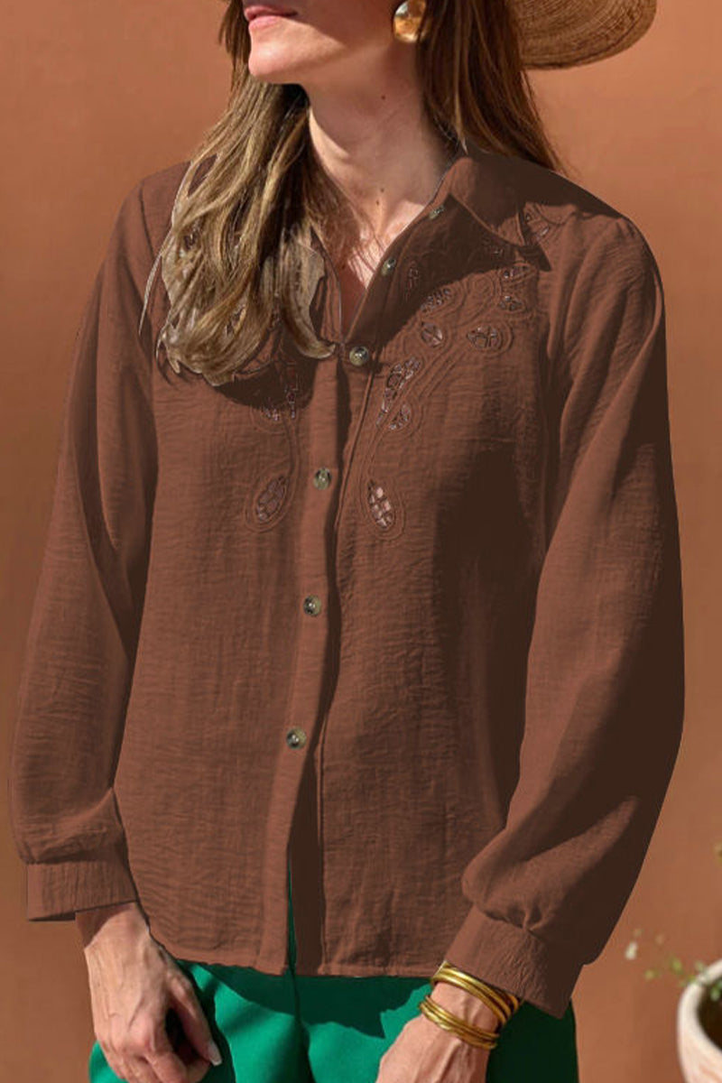 Hollow Out Turndown Collar Blouses(4 Colors)