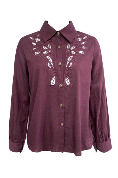 Hollow Out Turndown Collar Blouses(4 Colors)