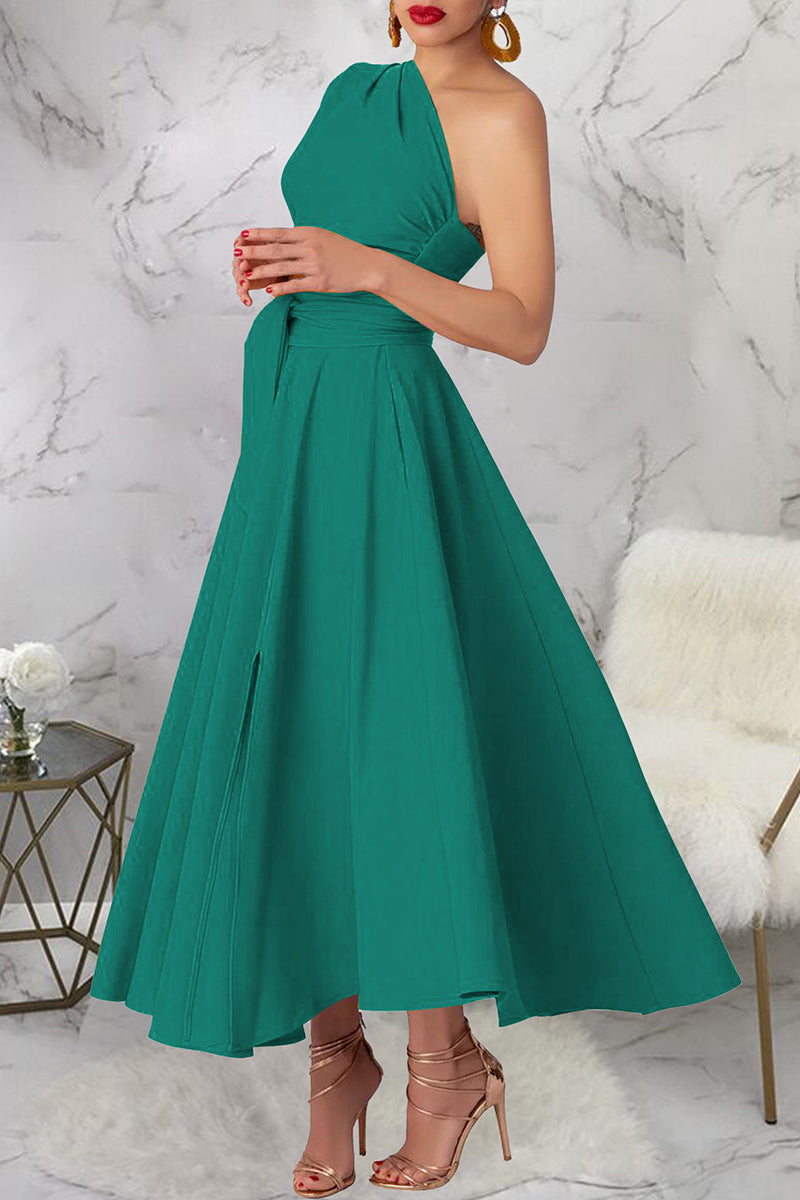 Slit Oblique Collar Long Dresses(3 Colors)