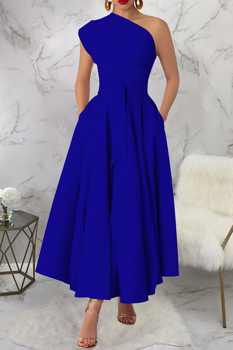 Slit Oblique Collar Long Dresses(3 Colors)