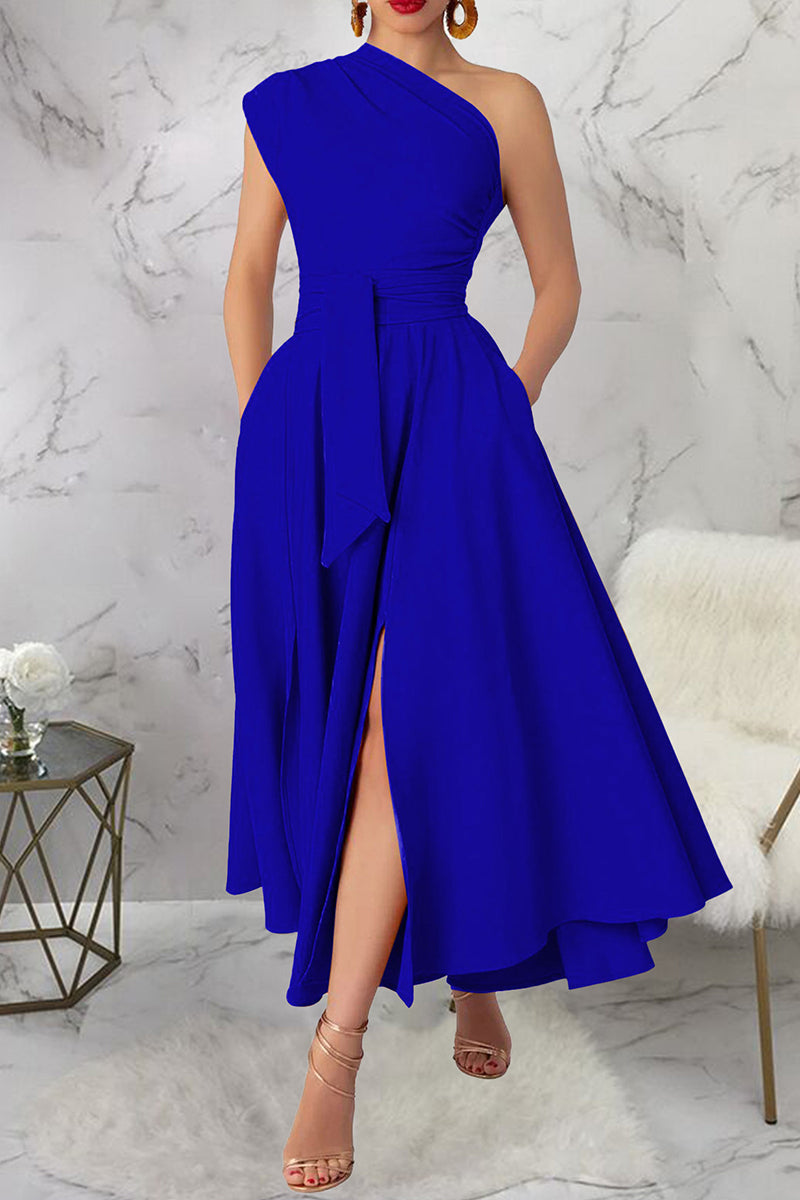 Slit Oblique Collar Long Dresses(3 Colors)