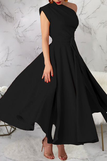 Slit Oblique Collar Long Dresses(3 Colors)