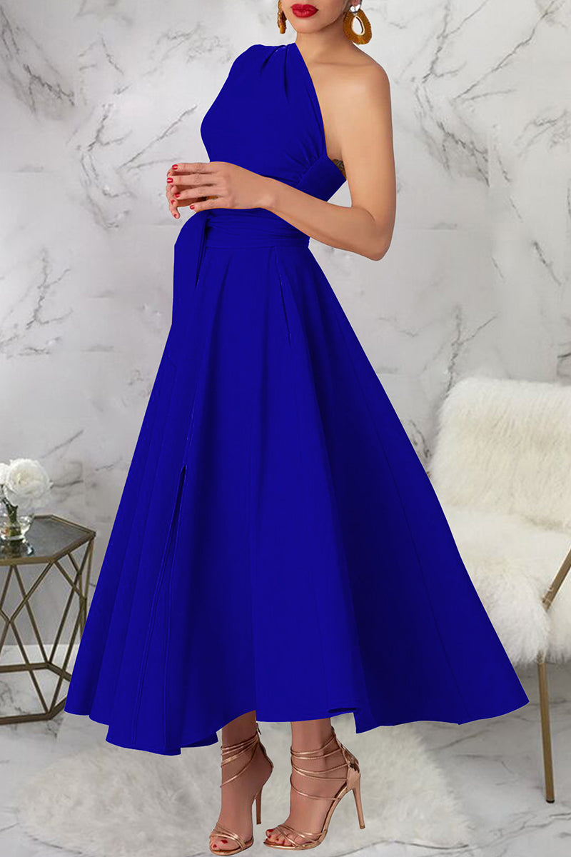 Slit Oblique Collar Long Dresses(3 Colors)