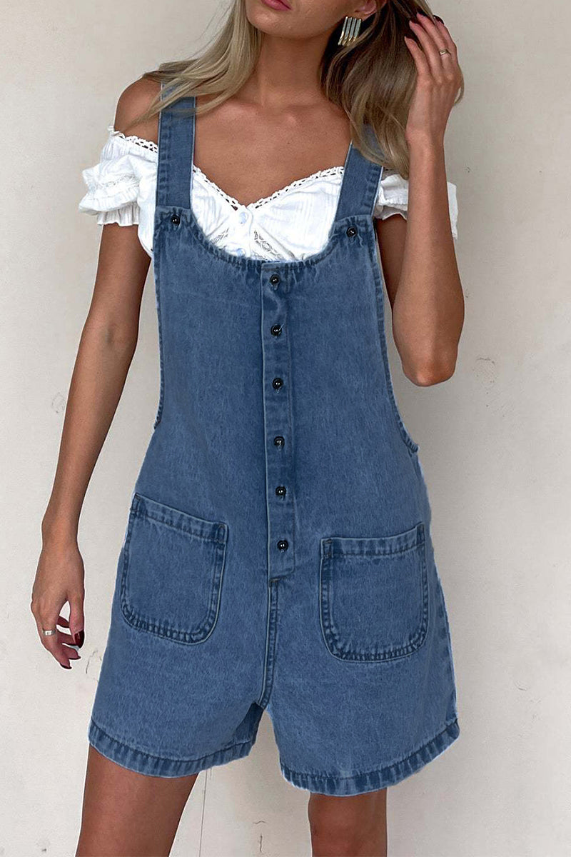 Pocket Buttons U Neck Loose Rompers