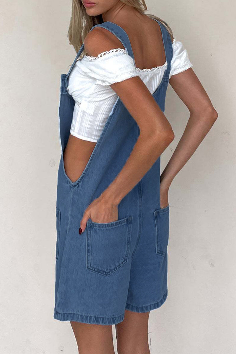 Pocket Buttons U Neck Loose Rompers