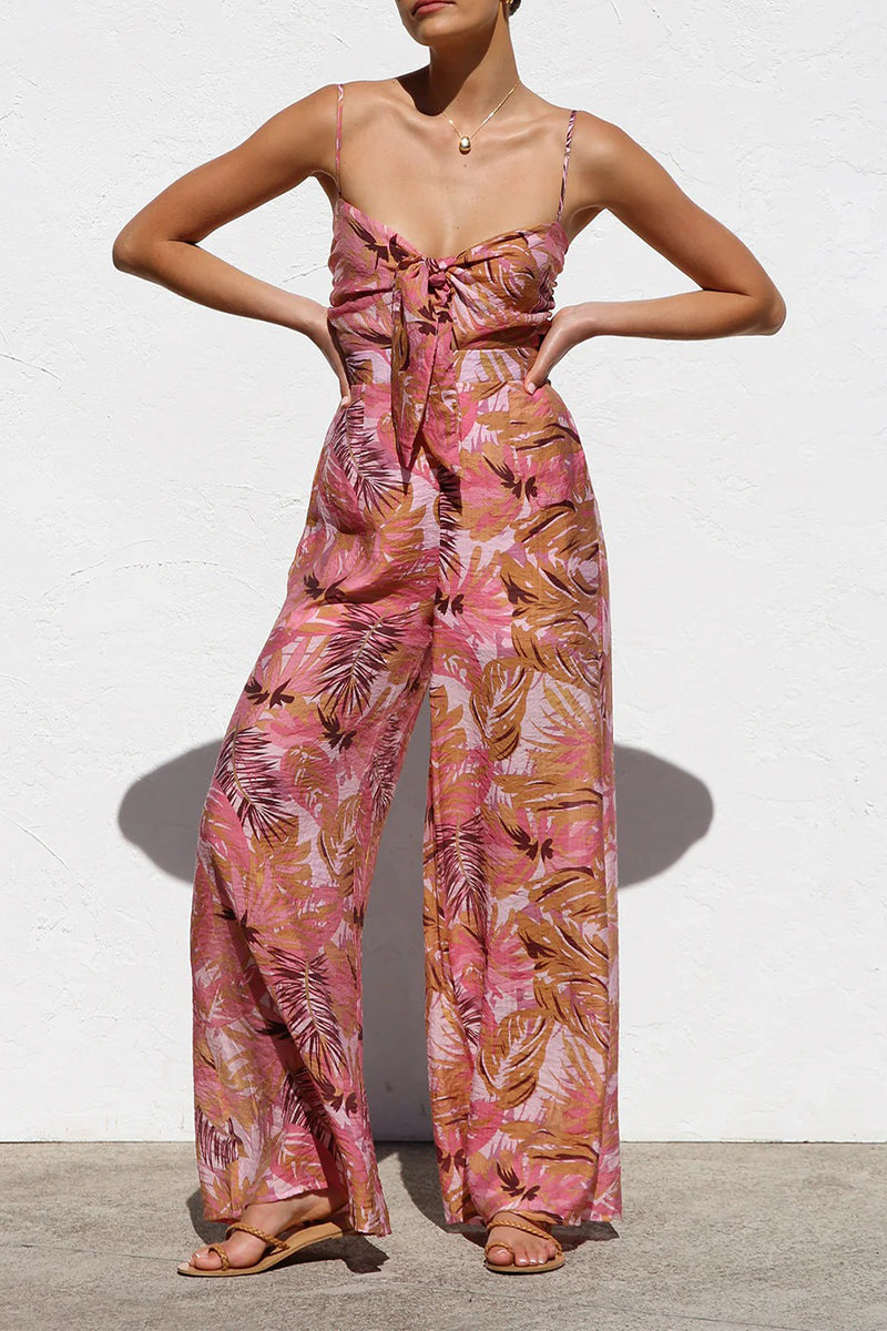 Vacation Print Pocket Contrast V Neck Loose Jumpsuits
