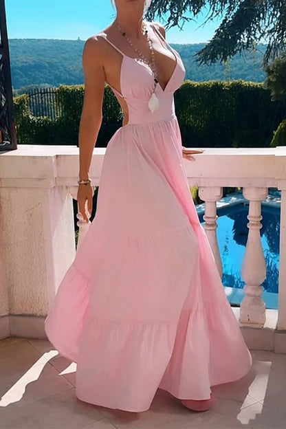 Color Backless Flounce V Neck Waist Skirt Dresses