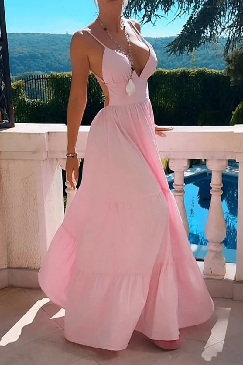 Color Backless Flounce V Neck Waist Skirt Dresses