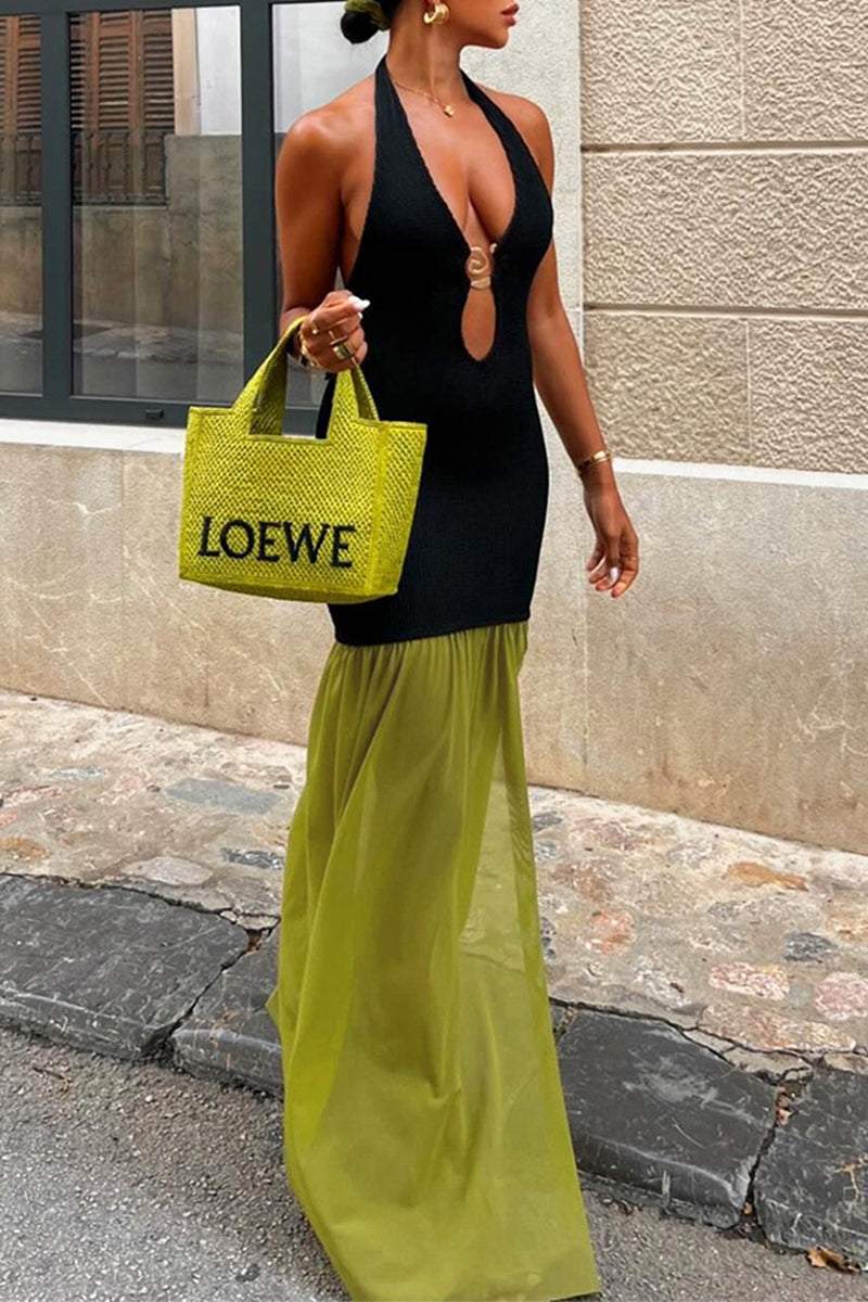 Color Patchwork Backless Contrast Halter Long Dresses