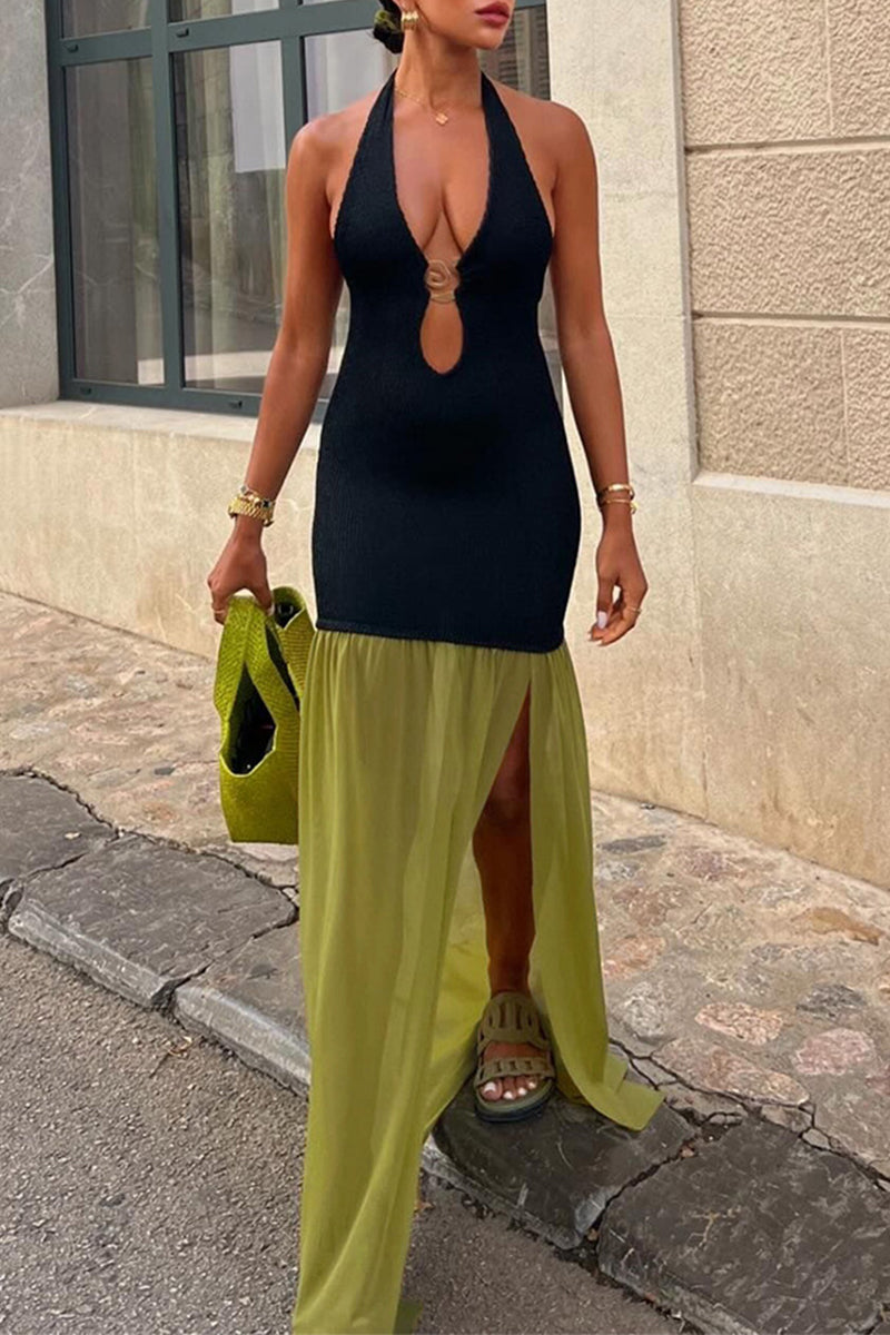 Color Patchwork Backless Contrast Halter Long Dresses