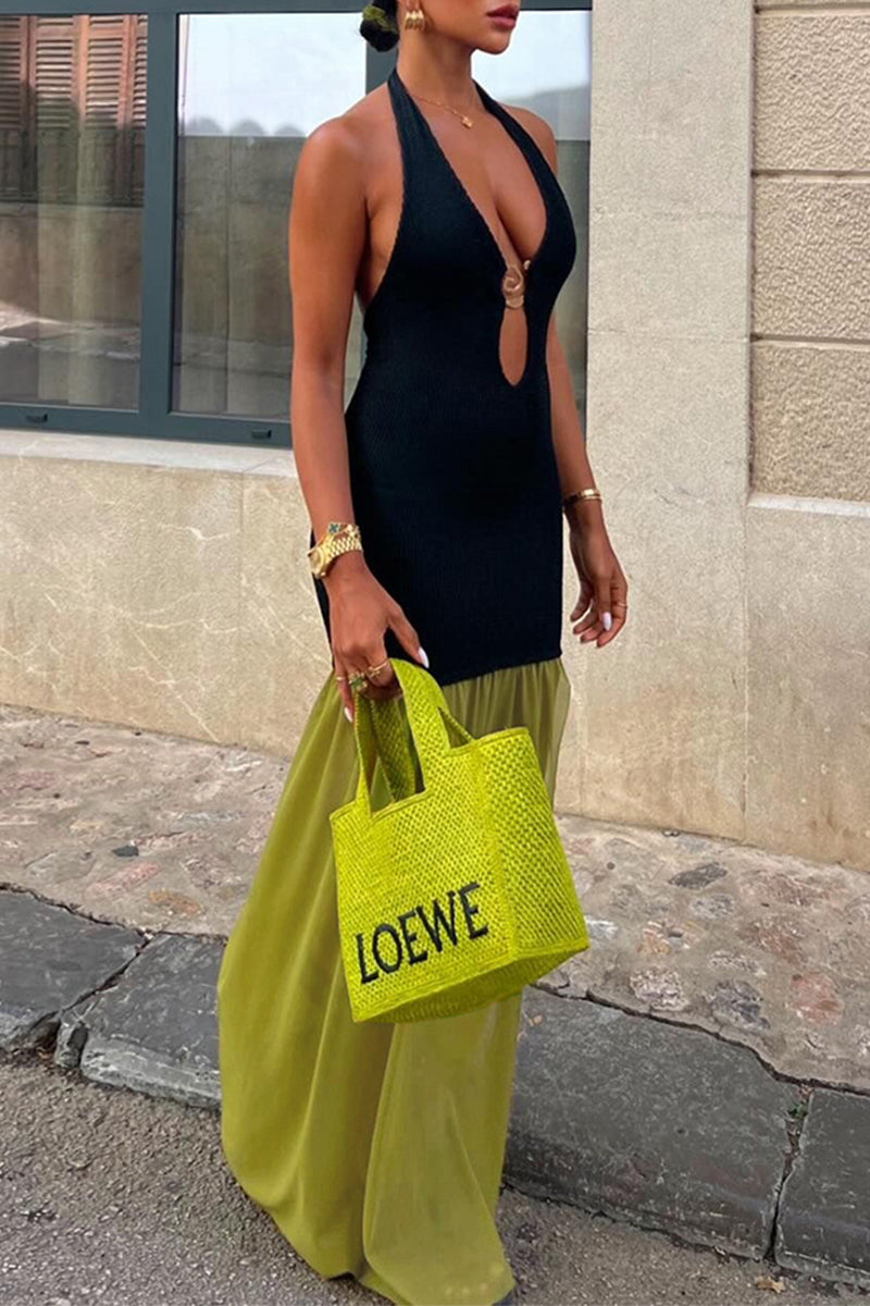 Color Patchwork Backless Contrast Halter Long Dresses