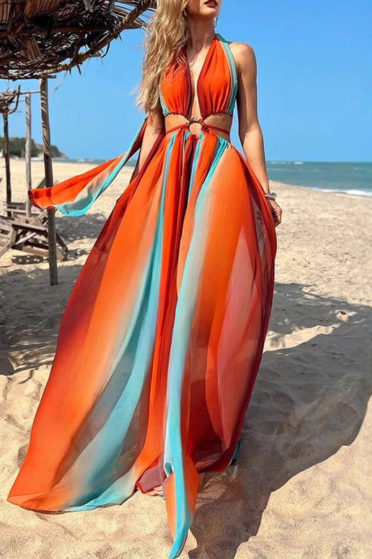 Stripe Patchwork Backless Contrast Halter Long Dresses