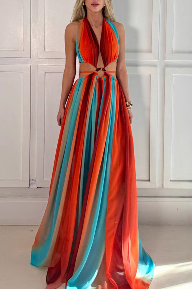 Stripe Patchwork Backless Contrast Halter Long Dresses
