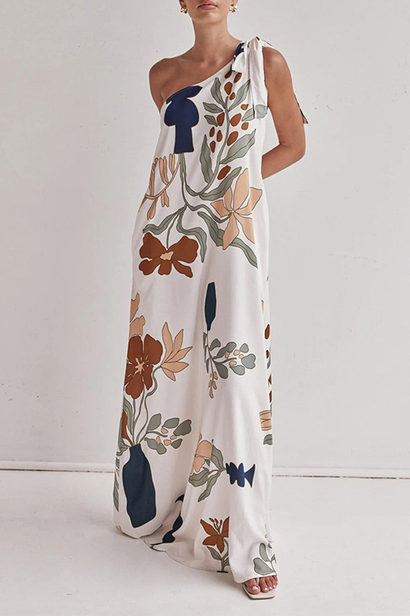 Print Pocket Lace Up Sloping Shoulder Long Dresses