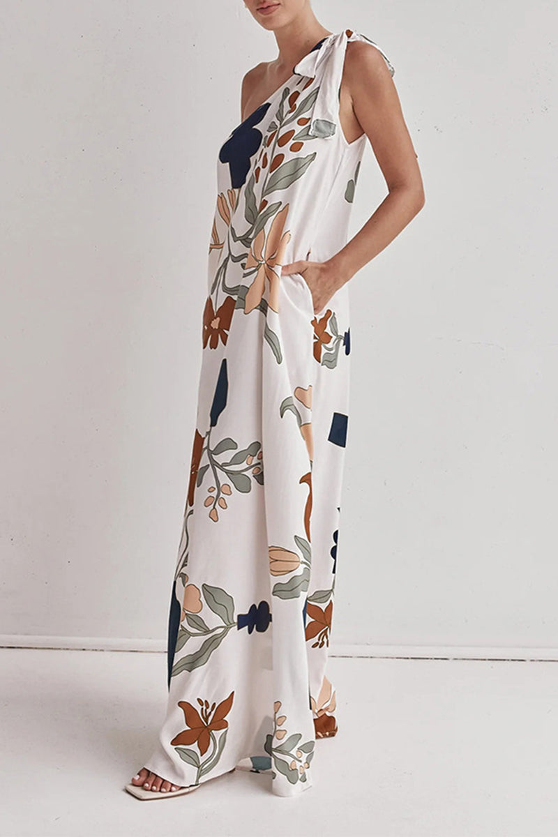 Print Pocket Lace Up Sloping Shoulder Long Dresses