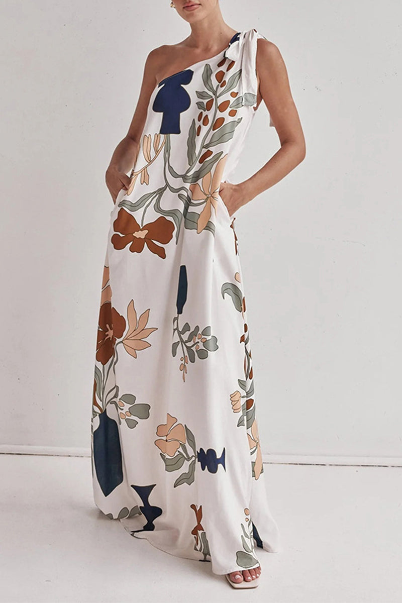 Print Pocket Lace Up Sloping Shoulder Long Dresses