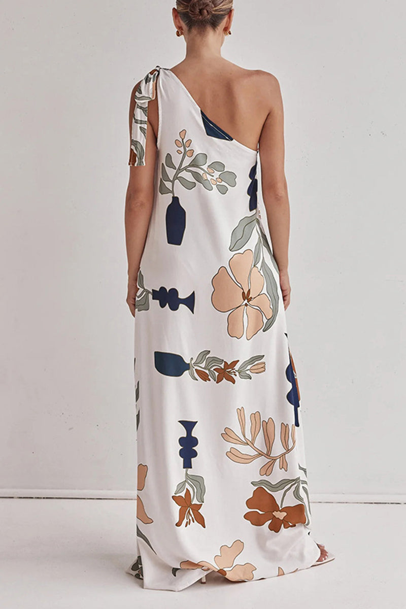 Print Pocket Lace Up Sloping Shoulder Long Dresses