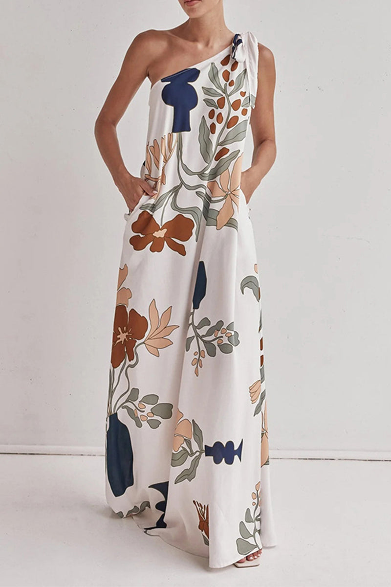 Print Pocket Lace Up Sloping Shoulder Long Dresses