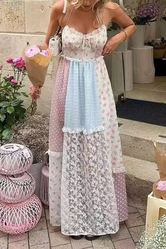 Print Lace Draw String Backless Contrast Halter Long Dresses