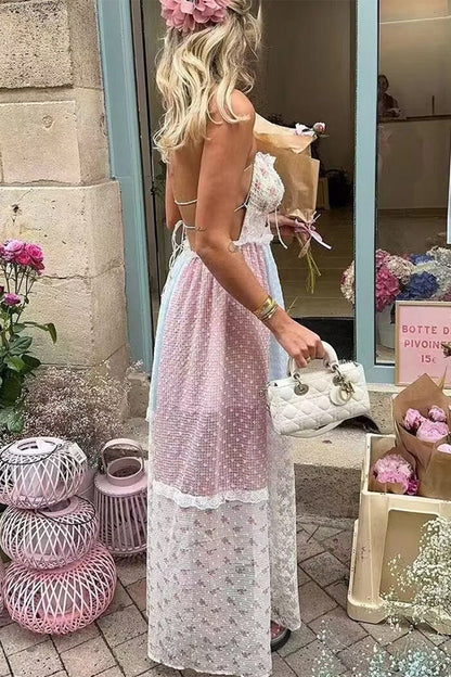Print Lace Draw String Backless Contrast Halter Long Dresses
