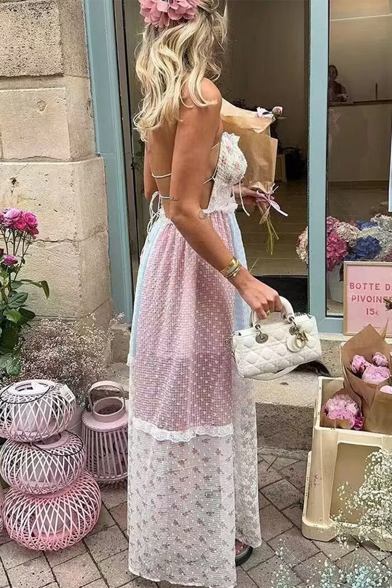 Print Lace Draw String Backless Contrast Halter Long Dresses