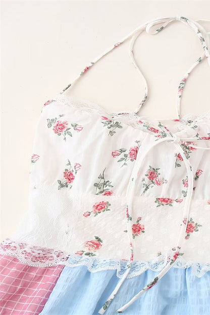 Print Lace Draw String Backless Contrast Halter Long Dresses