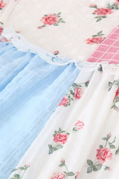 Print Lace Draw String Backless Contrast Halter Long Dresses