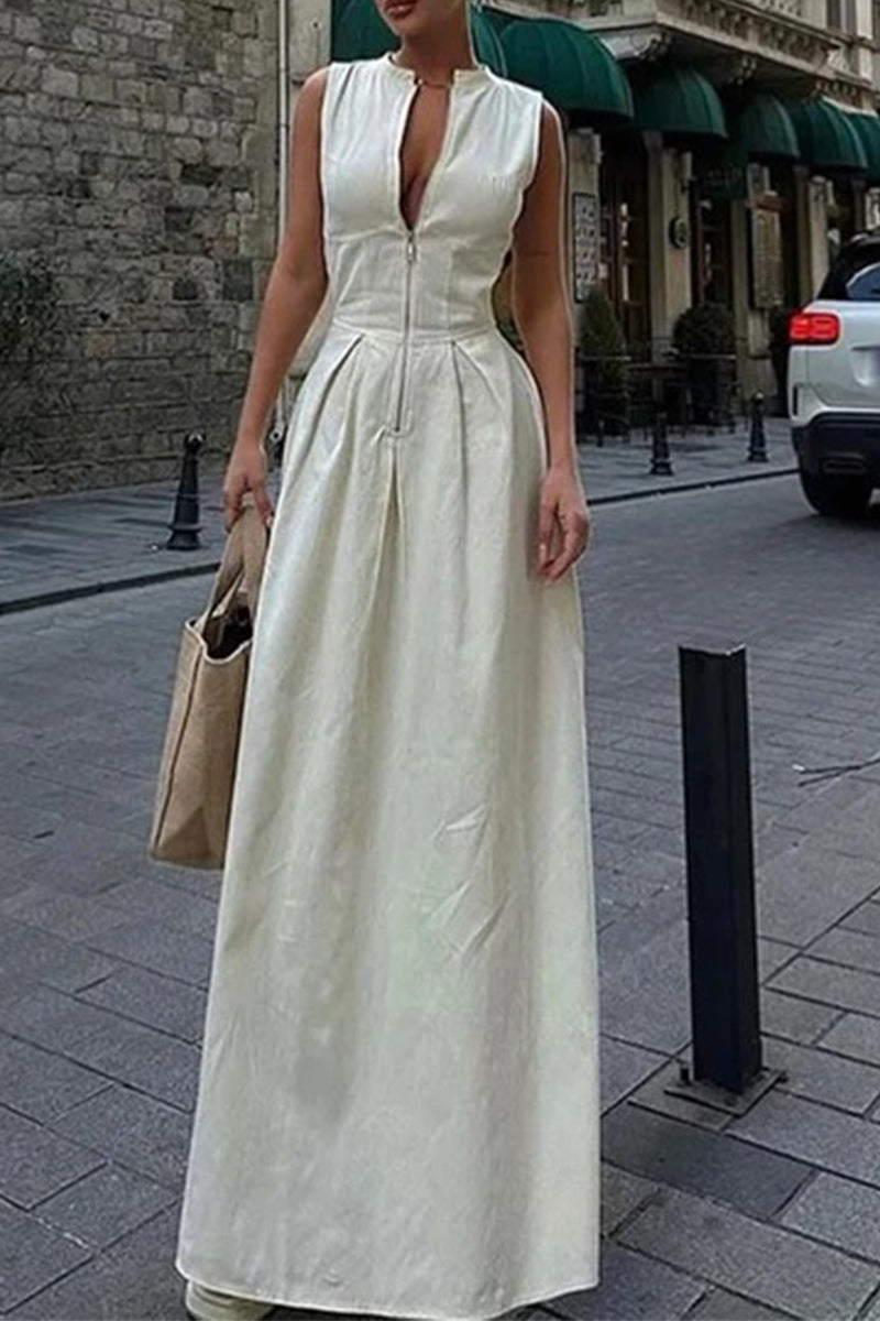 Street Pocket Zipper O Neck Long Dresses(3 Colors)