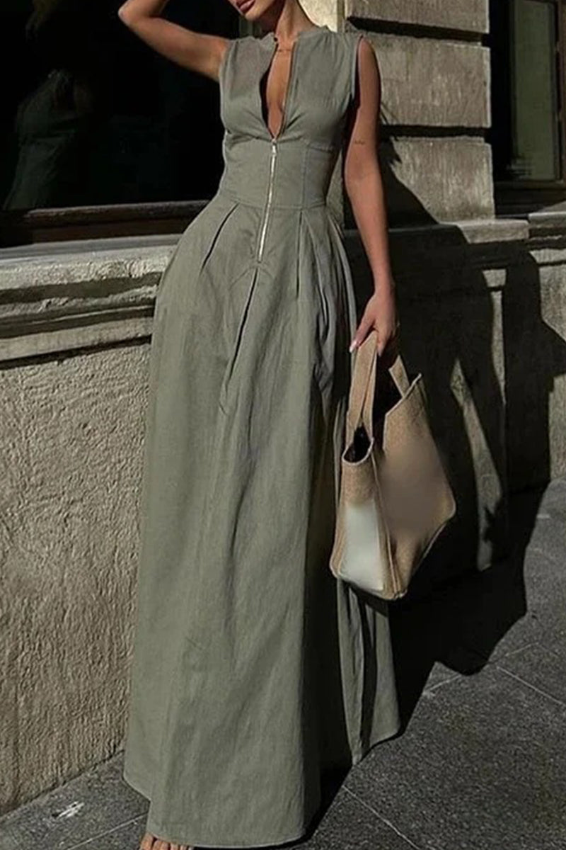Street Pocket Zipper O Neck Long Dresses(3 Colors)