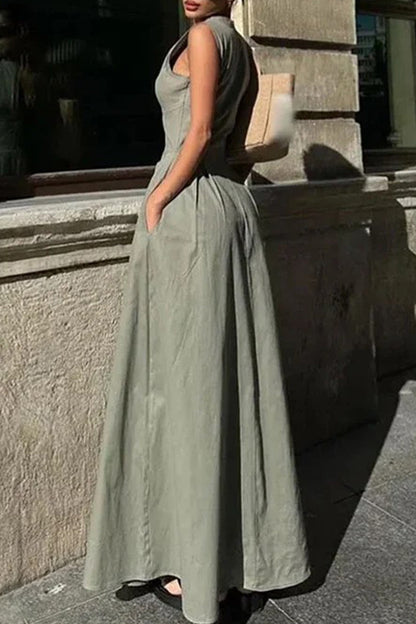 Street Pocket Zipper O Neck Long Dresses(3 Colors)