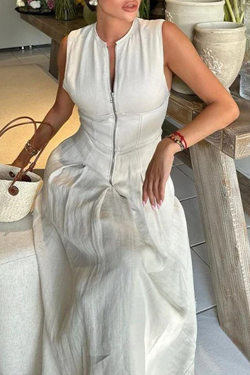 Street Pocket Zipper O Neck Long Dresses(3 Colors)