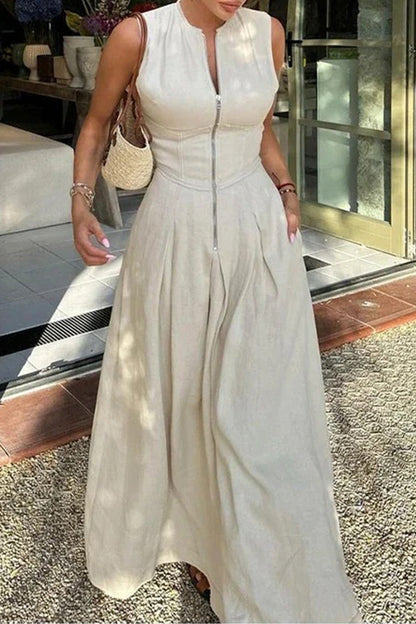 Street Pocket Zipper O Neck Long Dresses(3 Colors)