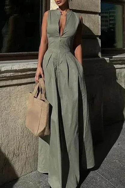 Street Pocket Zipper O Neck Long Dresses(3 Colors)